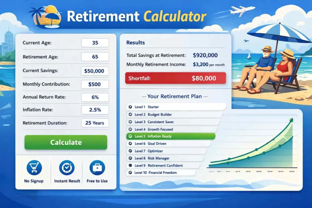 Retirement planning steps guide with calculator results summary