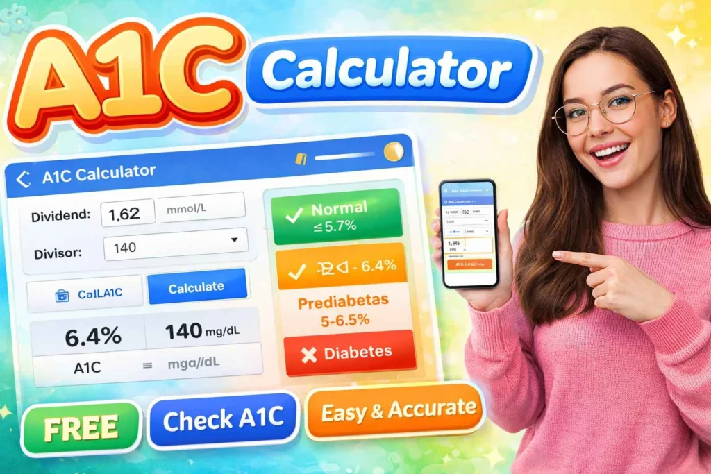 A1C Calculator showing input fields, unit selection, and calculated results