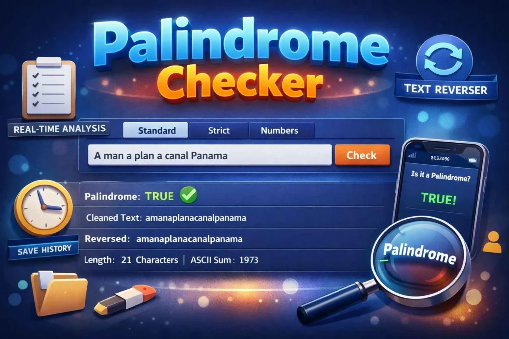 Free online Palindrome Checker tool interface showing real-time analysis
