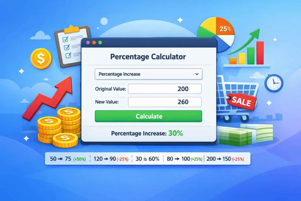 percentage calculator Small business owner using Percentage Calculator to determine discounts and profit margins.