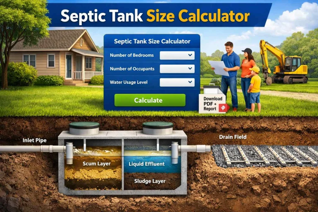 Septic Tank Size Calculator interface showing results