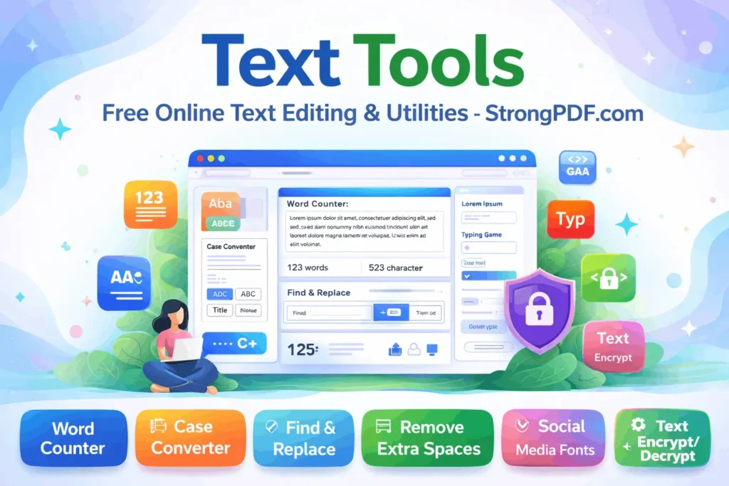 Text Tools banner showing free online text editing tools like word counter, case converter, find and replace, and text encryption on StrongPDF.