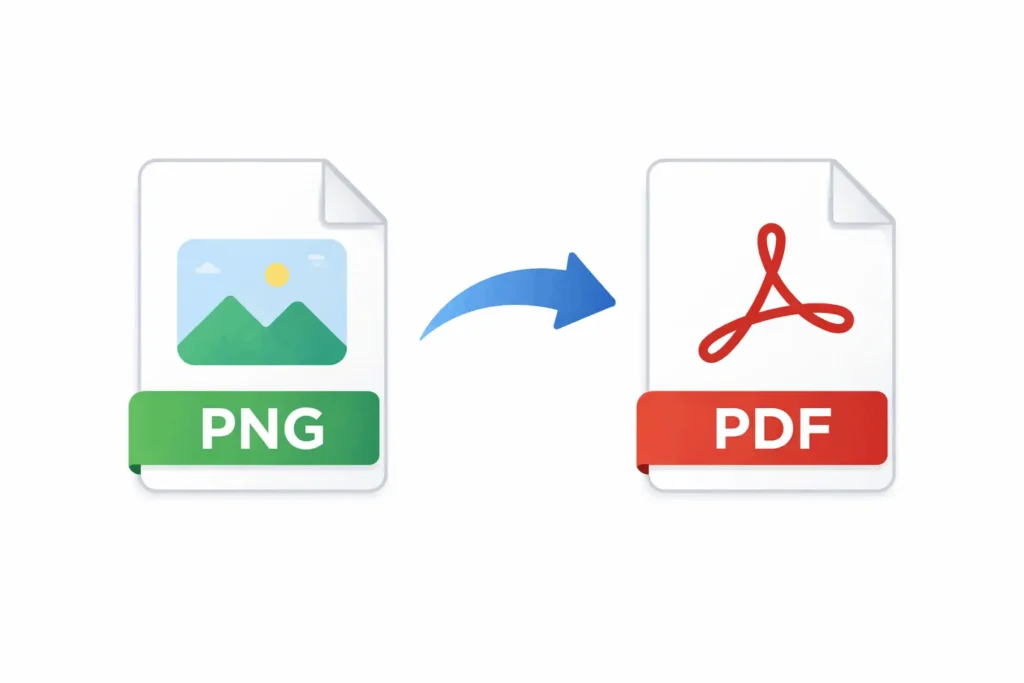 PNG to PDF Converter showing PNG file transforming into PDF document on white background