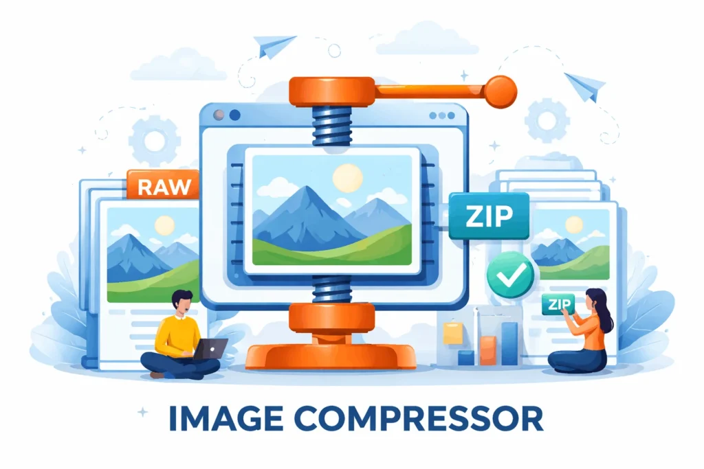Web-based image compression tool with preview, percentage control, and download option.