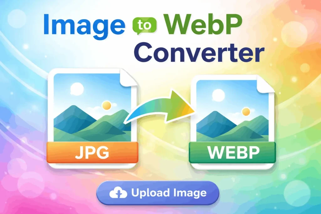 Colorful WebP conversion tool with image icons and upload button on gradient background.