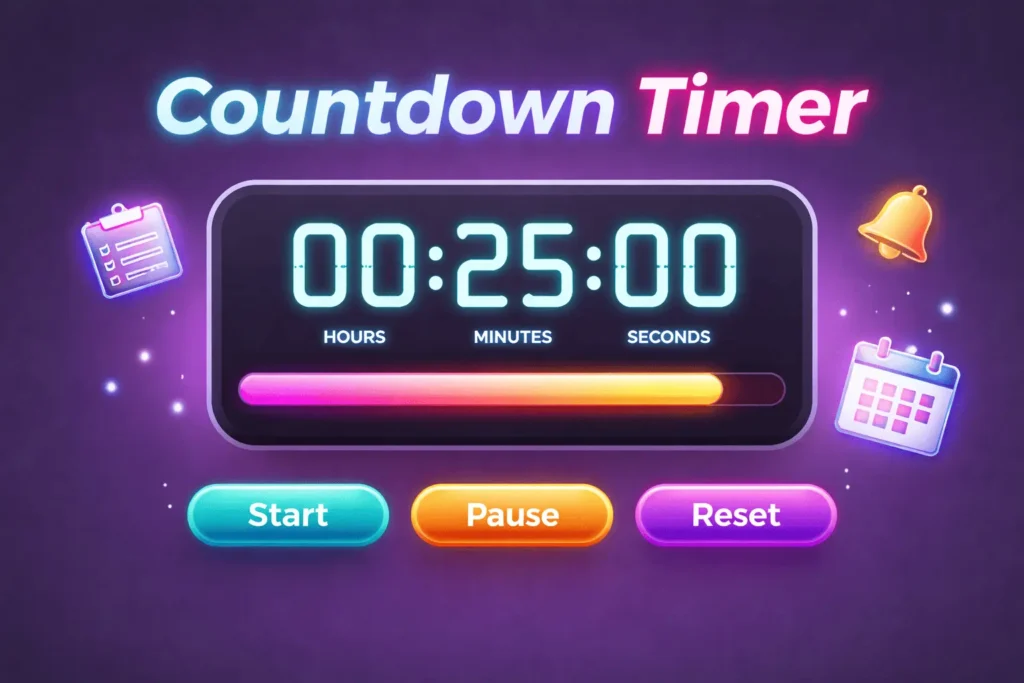 Stylish 16:9 Countdown Timer tool illustration with a digital timer, progress bar, and colorful buttons for time tracking.