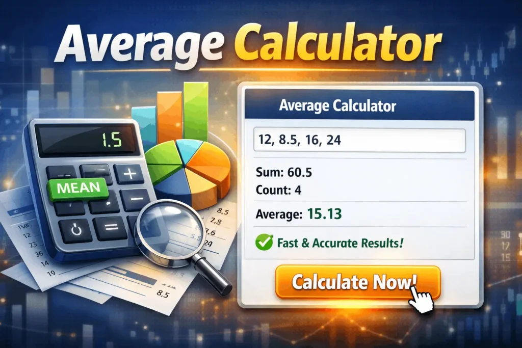 Interactive Average Calculator tool showing numbers entry, statistical results, and instant calculation for students and professionals.