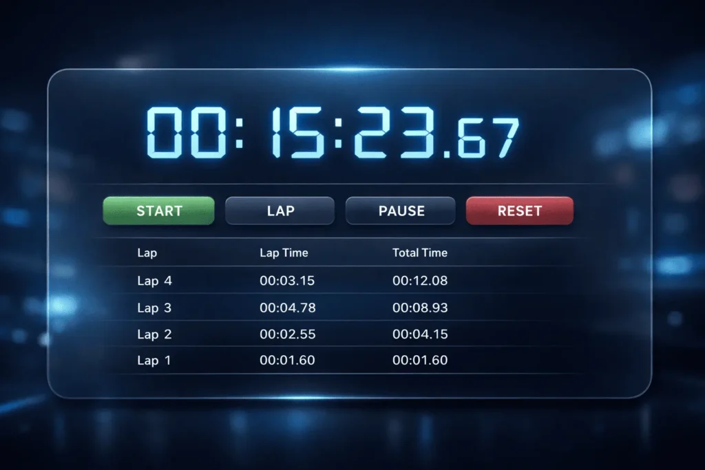 Sleek 16:9 stopwatch interface with lap time table and colorful control buttons on a dark blurred background.