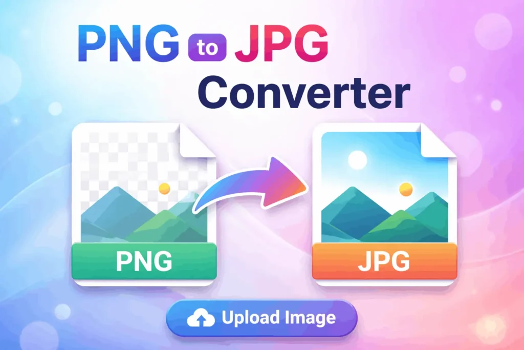 Colorful PNG to JPG conversion tool with upload button and file format icons.