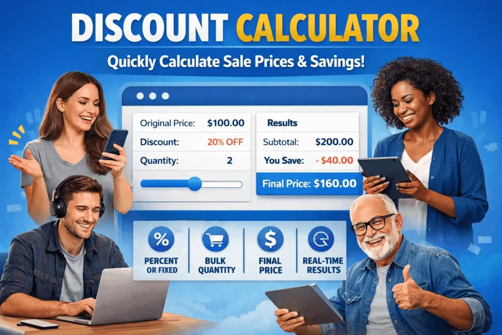 Discount Calculator tool interface showing original price, percentage discount, quantity, and final savings with people using smartphones, tablets, and laptops.