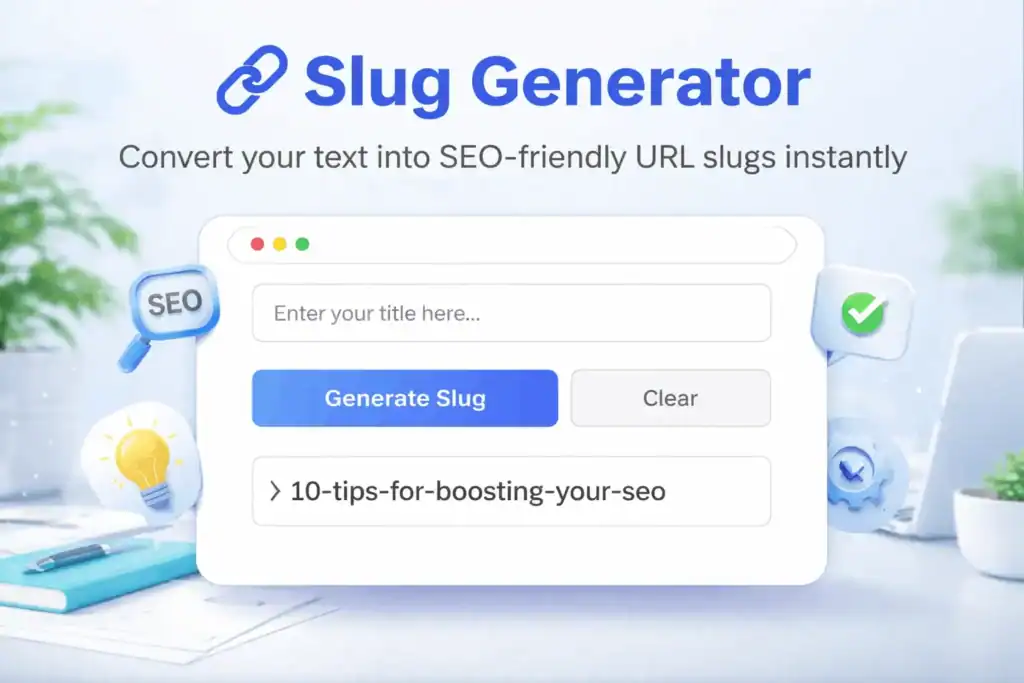 SEO slug generator tool interface converting text into SEO-friendly URL slugs instantly