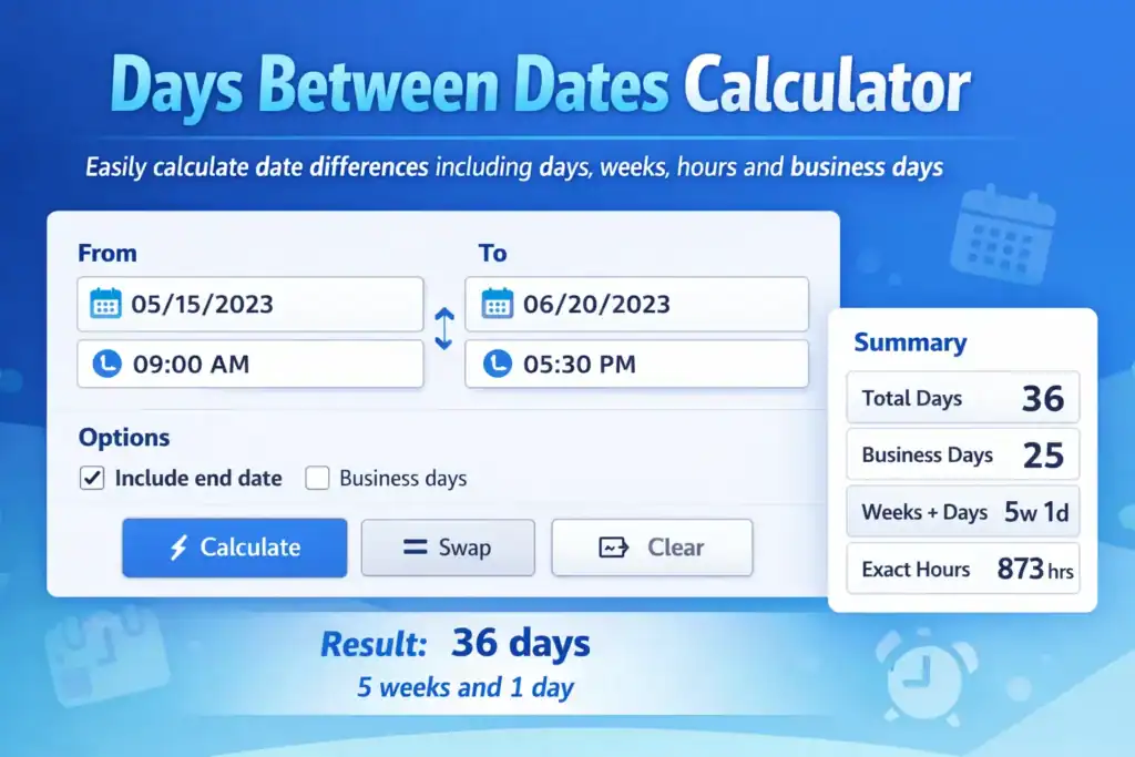 Calculate days between two dates using an online date difference calculator tool