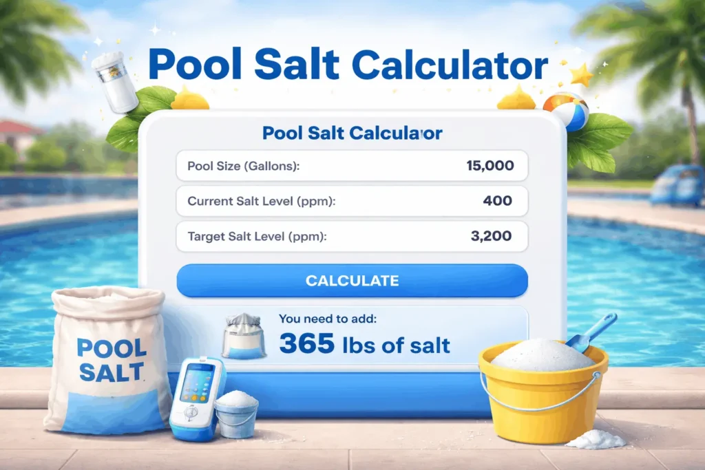 Pool salt calculator tool interface showing pool size and salt level inputs