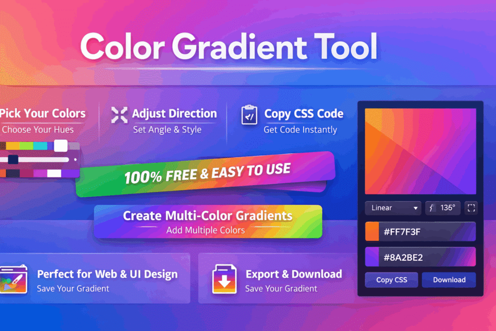 Color Gradient Tool interface showing multi-color gradient generator with CSS code preview and download option